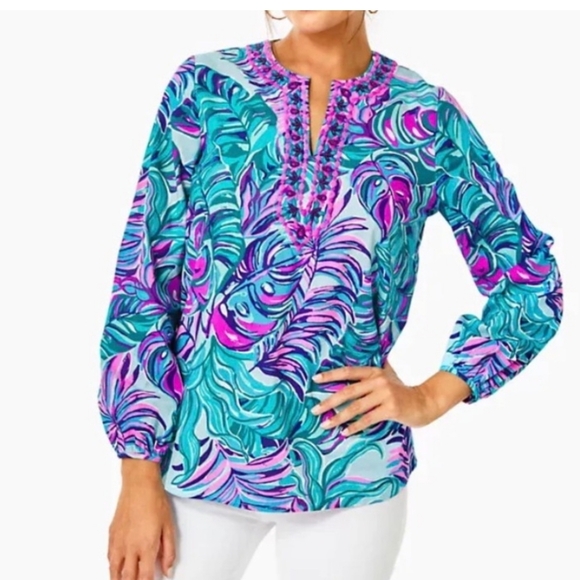 Lilly Pulitzer Coretta Top Tunic in Seasalt Blue Don’t Wanna Leaf Size  Large - Picture 1 of 13